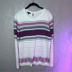 Women's White and Purple Patterned Sweater Talbots M Cashmere
